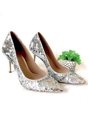 Aldo Uloaviel Silver Sequin Pointed Toe Stiletto High Heel Pumps Flip 37 / 6.5